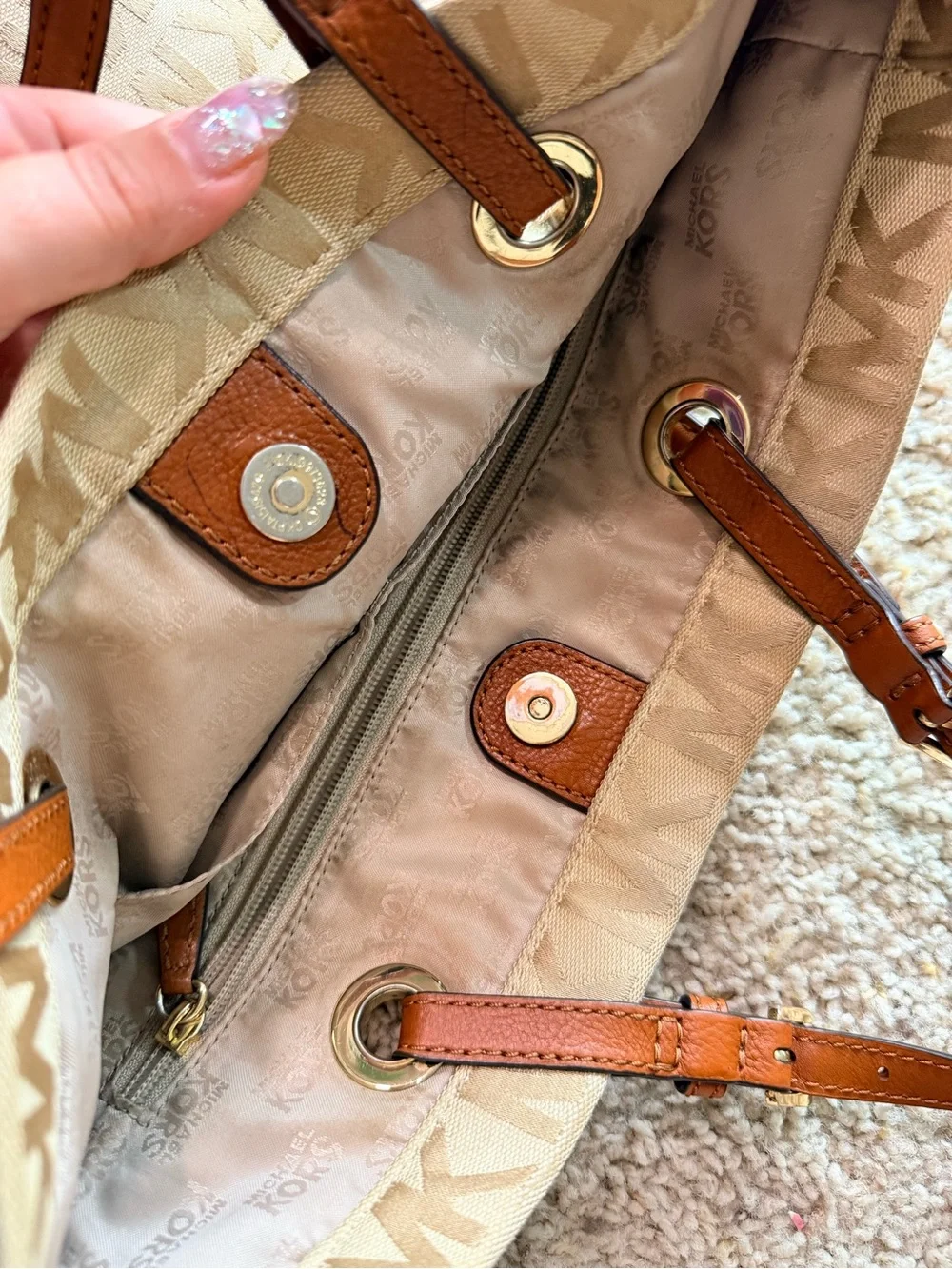 Michael Kors Beige MK Logo Canvas & Leather Tote Bag
